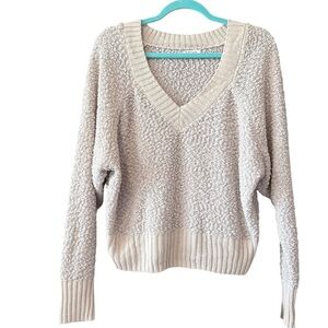 Full Circle Cream PopCorn V-Neck Long Sleeve Crop Top Knit Sweater sz L